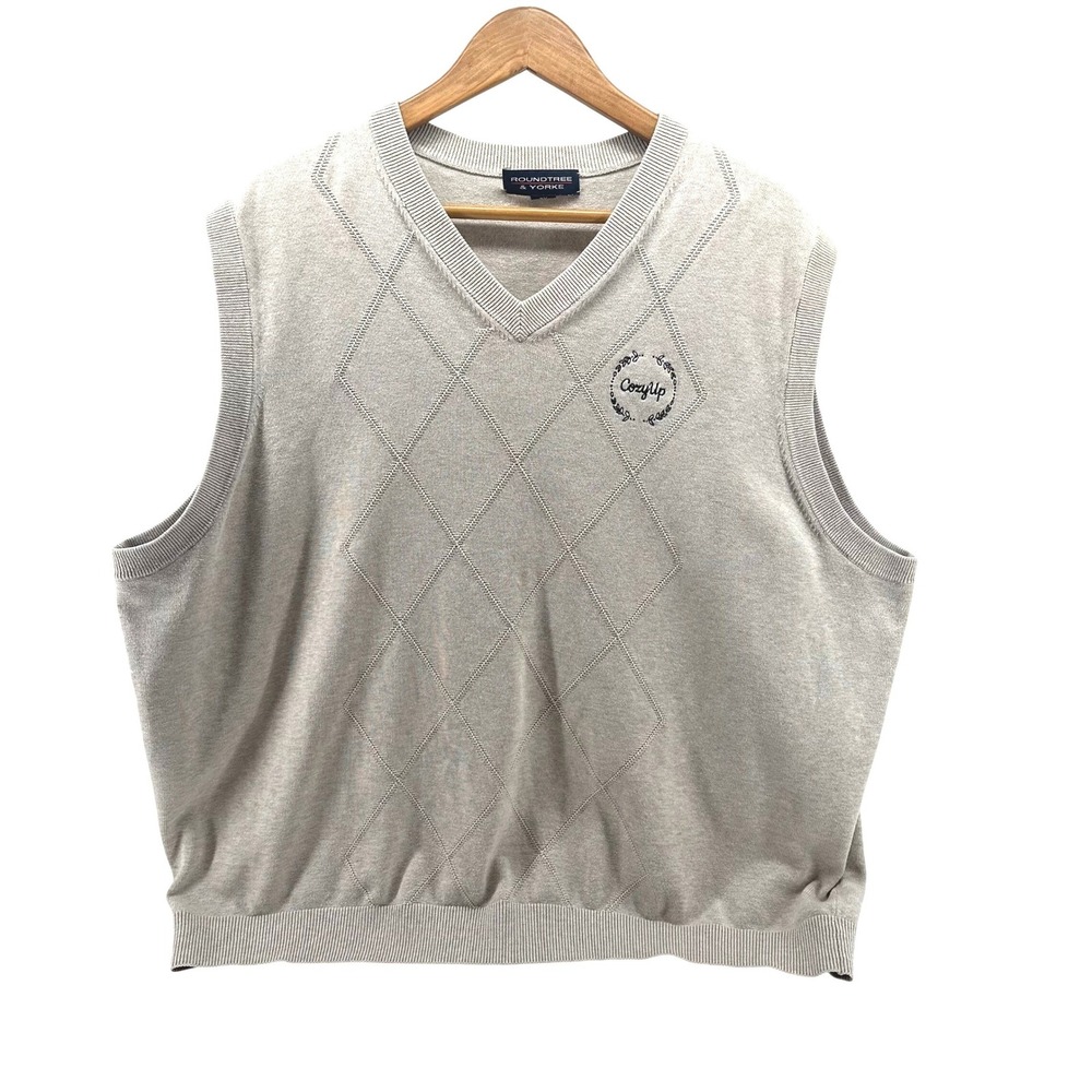 Roundtree & Yorke Mens 2X Cream‎ Argyle Knit Sleeveless Sweater Vest CozyUp